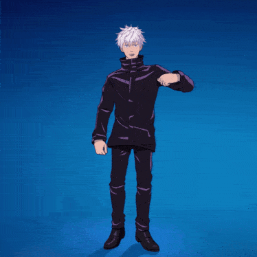 a cartoon character with white hair and a black jacket