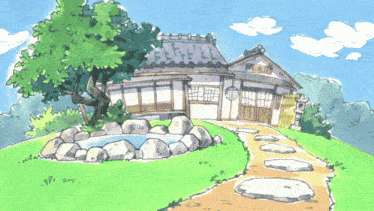 a drawing of a house with chinese writing on the roof