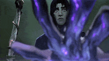 a man in a hood is holding a sword and a purple object .