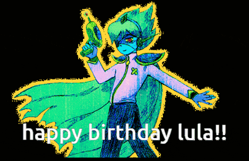 a drawing of a person holding a gun with the words happy birthday lula on the bottom
