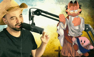 a man wearing a cowboy hat stands in front of a microphone next to a garfield cartoon