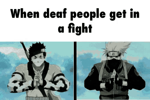 when deaf people get in a fight , two ninjas are fighting each other .