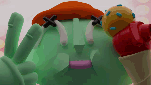 a cartoon character giving a peace sign next to a ice cream cone