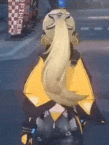 a cartoon character with long blonde hair and a ponytail is standing on a street .