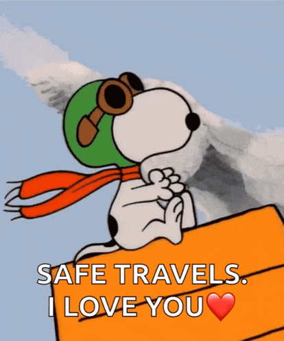 a cartoon of snoopy wearing a helmet and goggles sitting on an orange box that says safe travels