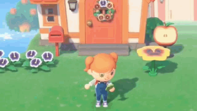 a girl is standing in front of a house in animal crossing new horizons holding a sword .