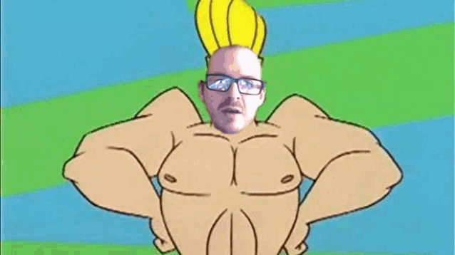 a cartoon of a man with glasses and a mustache without a shirt .