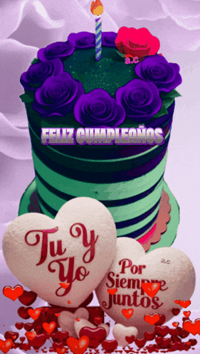 a birthday cake with purple roses and a candle with the words feliz cumpleanos