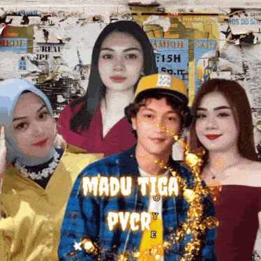 a group of people standing in front of a wall with the words madu tiga pvcr e