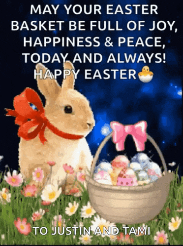 a picture of a bunny with a basket full of easter eggs and the words " may your easter basket be full of joy "
