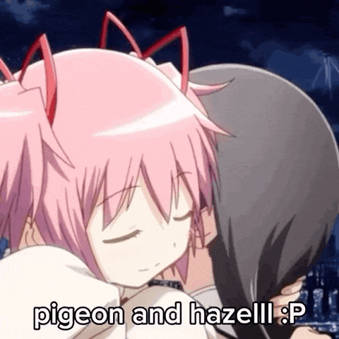 a couple of anime girls are hugging each other with the words pigeon and hazel written on the bottom .
