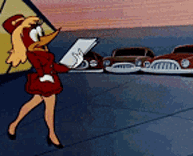 woody woodpecker is holding a piece of paper in front of cars