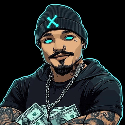 a man wearing a beanie with an x on it holds a bunch of money
