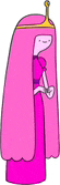 princess bubblegum from adventure time is standing in a pink dress with a crown on her head .