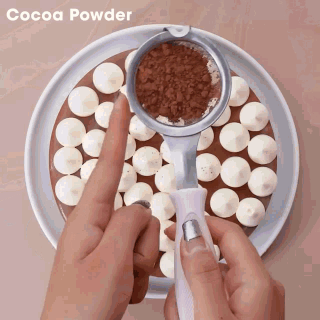 cocoa powder is being sprinkled on a chocolate cake