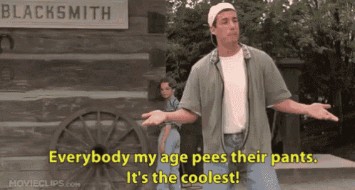 a man is standing in front of a sign that says blacksmith and says everybody my age pees their pants .