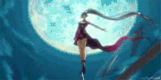 a pixel art of a woman flying in front of the moon