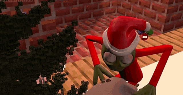 a cartoon character wearing a santa hat is standing in front of a christmas tree .