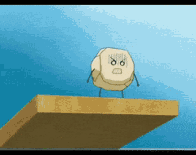 a cartoon character with an angry face is standing on a wooden platform