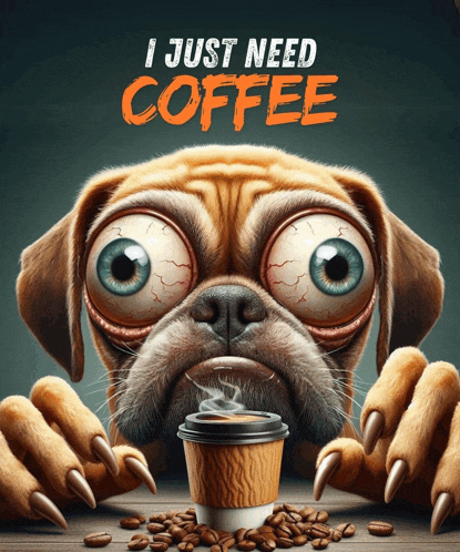 an illustration of a dog holding a cup of coffee with the words " i just need coffee " behind it