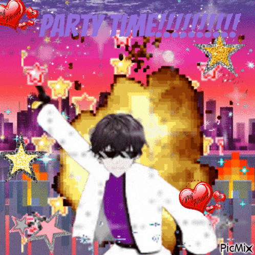 a pixel art drawing of a man dancing with the words party time written above him