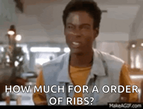 a man is talking about how much for a order of ribs