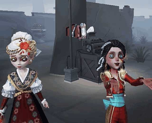 two cartoon characters are standing next to each other in front of a building