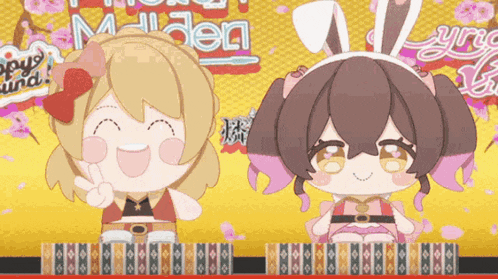 two cartoon girls are sitting next to each other on a yellow background with flowers in the background .