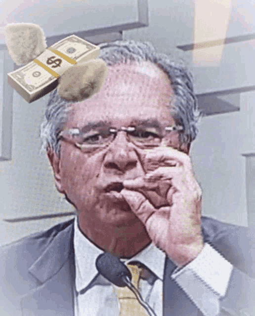 a man in a suit has a stack of money on his head with a dollar sign