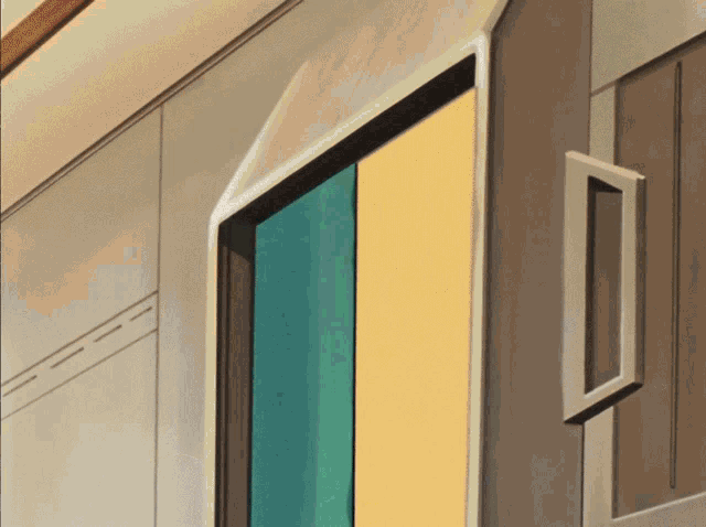 a drawing of a door with a handle and a yellow and green curtain