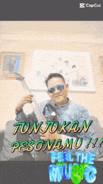 a man holding a guitar with the words " tunjukan pesonamu " on the bottom