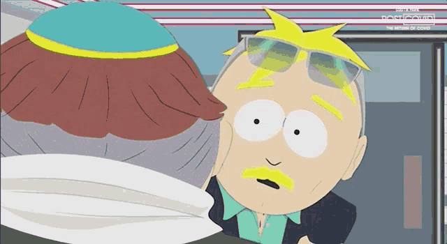 a cartoon of a man with glasses and a mustache is being shown on a screen that says ' south park '