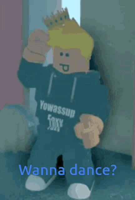 a roblox character wearing a blue shirt that says yowassup wanna dance