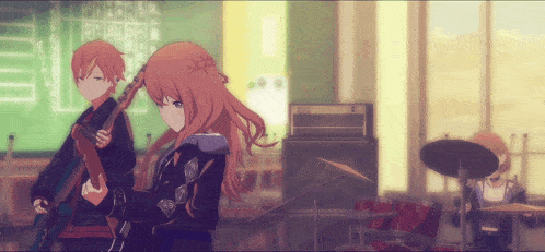 a girl playing a guitar and a boy playing drums in a room