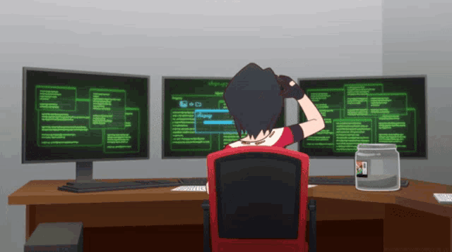 a person is sitting in front of three computer monitors and looking at a screen that says ' x ' on it