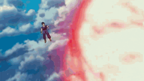 a cartoon character is flying through the air in front of a large red object .