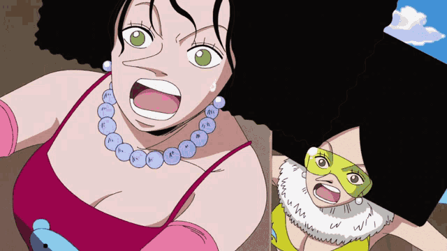 a woman with a necklace of purple beads stands next to another woman with green eyes