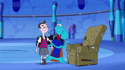 a cartoon of a boy sitting in a chair next to a blue monster