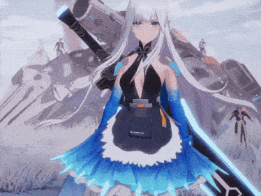 a girl in a maid outfit is holding a sword and has a pocket that says ' powered ' on it
