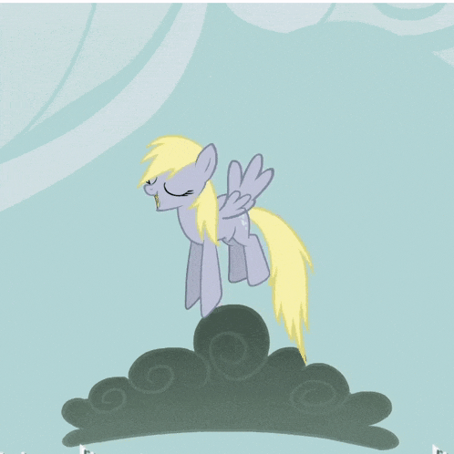 a black and white pony with a yellow mane and tail is standing on a cloud