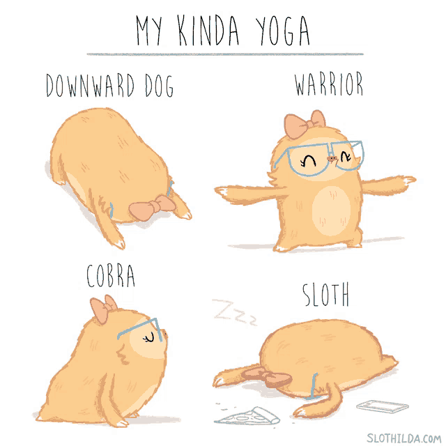 a cartoon of a downward dog warrior cobra and sloth in yoga poses