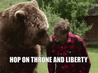 a bear licking a man 's face with the words hop on throne and liberty written below it