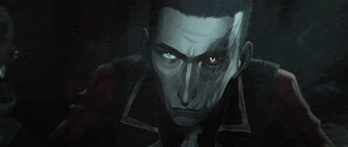 a close up of a man with a red eye