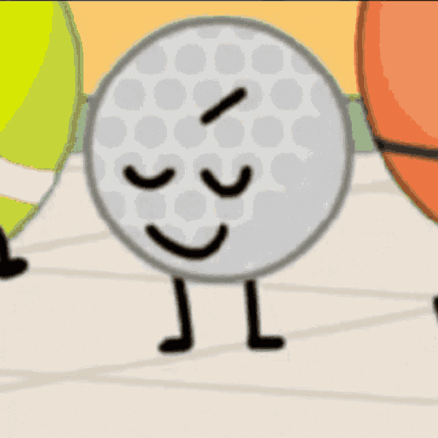 a cartoon golf ball with arms and legs is standing in front of a tennis ball and a basketball .