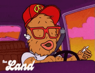 a cartoon character wearing glasses and a red hat driving a car