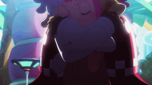 a cartoon character with purple hair is hugging another person