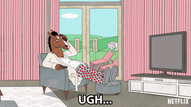 a cartoon of a horse sitting in a chair with a remote control and the words ugh on the bottom