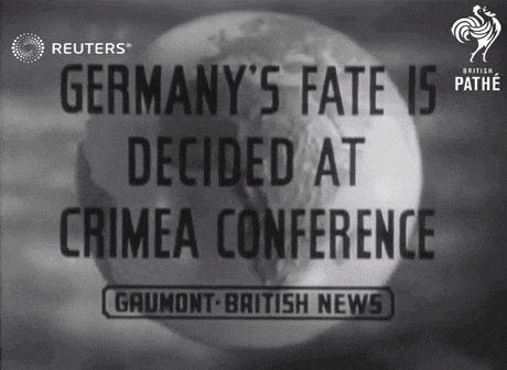 a black and white image of a globe with the words germany 's fate is decided at crimea conference