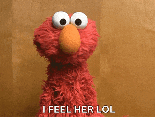 elmo from sesame street says " i feel her lol " in front of a brown background