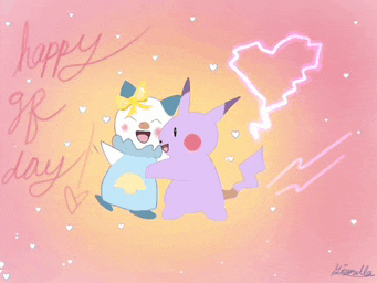 a drawing of a purple pikachu and a white penguin with the words happy gf day written on the bottom